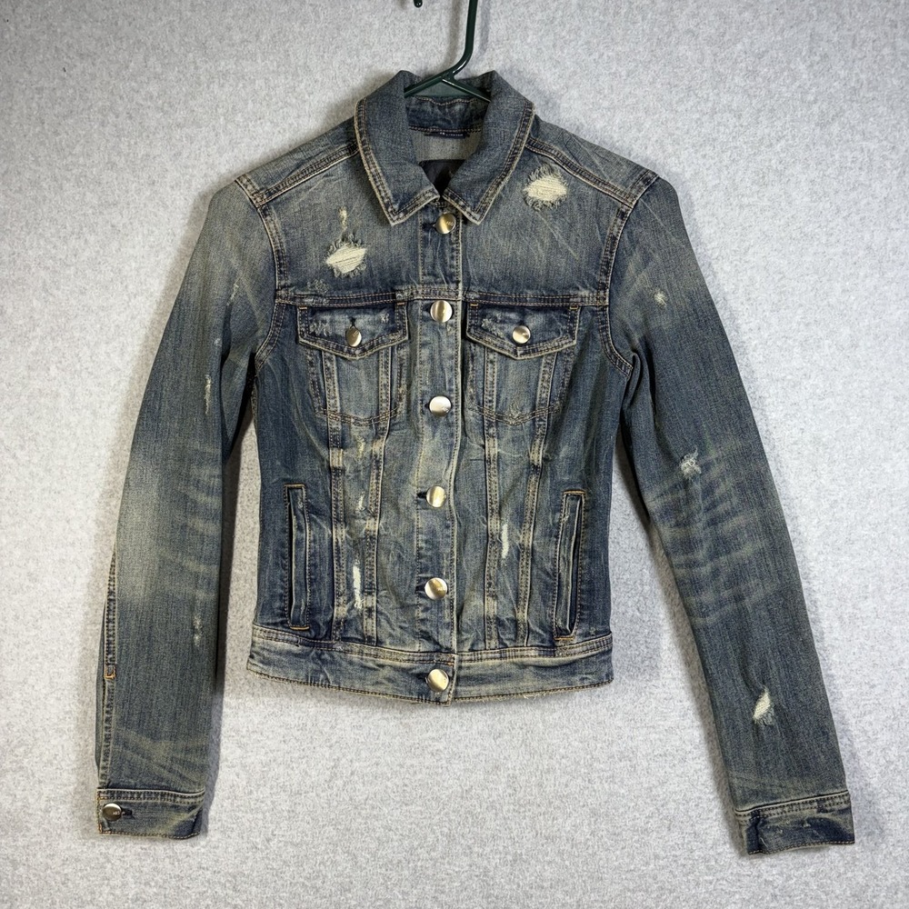 American Eagle Outfitters Womens Denim Jacket Small Distressed Super Stretch
